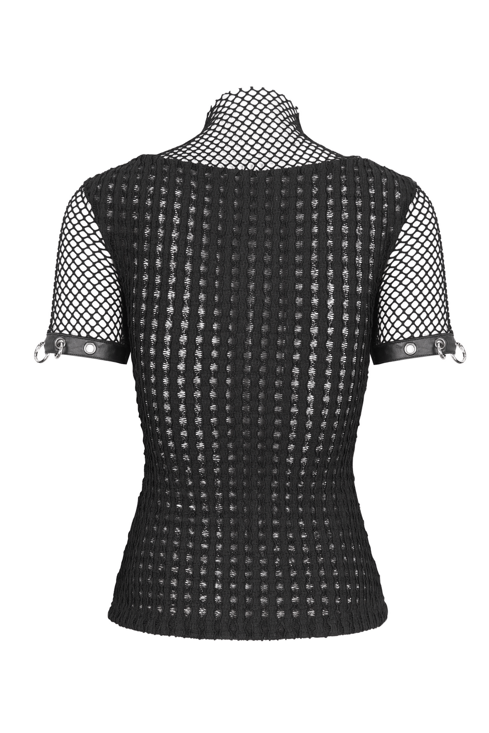 Back view of a black mesh women's t-shirt featuring o-rings on sleeves, perfect for an edgy punk look.