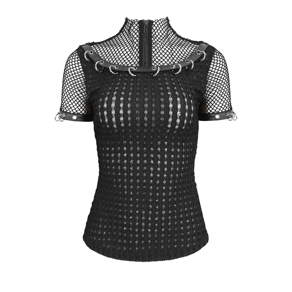 Punk Women's Zip-Up Mesh T-shirt with O-rings on Sleeves