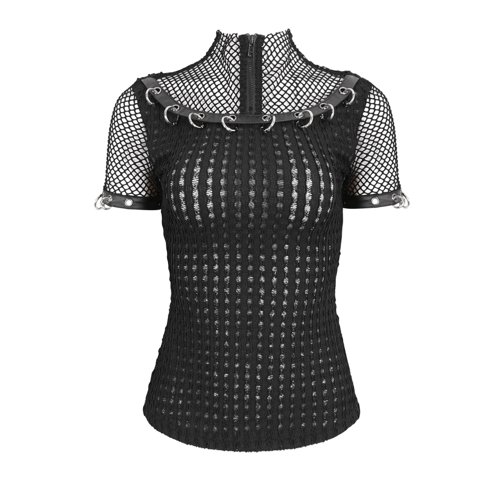 Punk women's black mesh zip-up t-shirt with o-rings on sleeves and stud detailing, perfect for an edgy look.