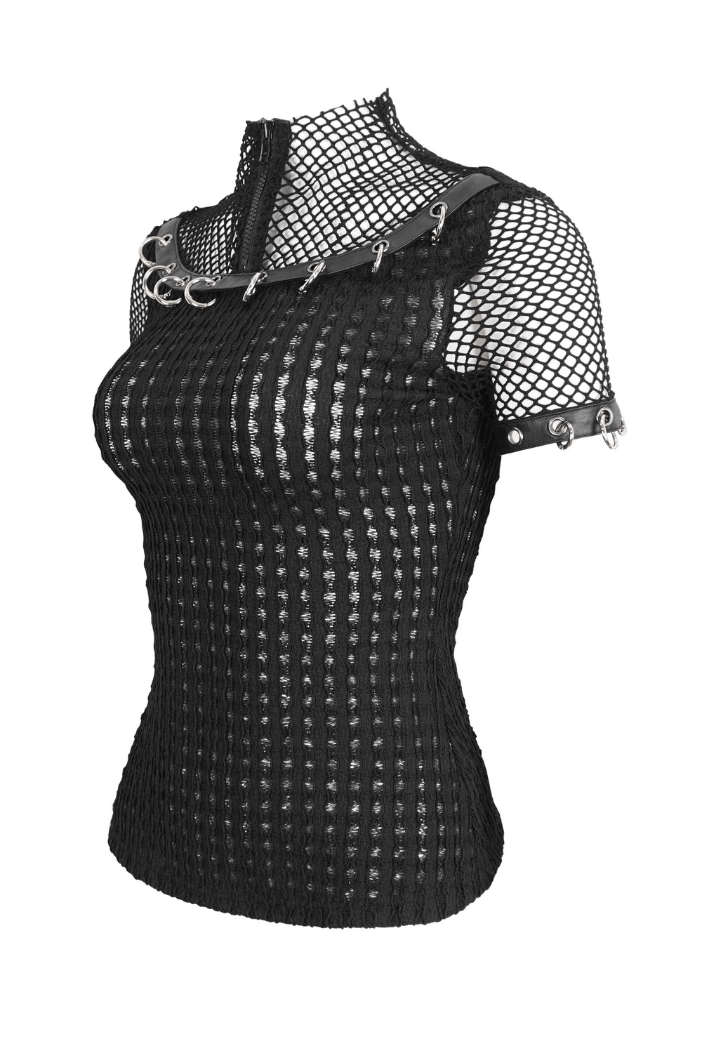 Punk women's black mesh zip-up t-shirt with O-rings on sleeves for an edgy, stylish look.