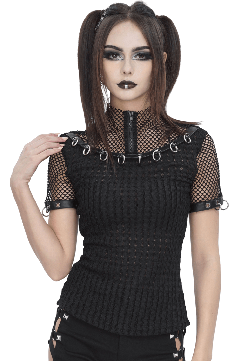 Punk women's black zip-up mesh t-shirt with o-rings on sleeves for an edgy fashion statement.