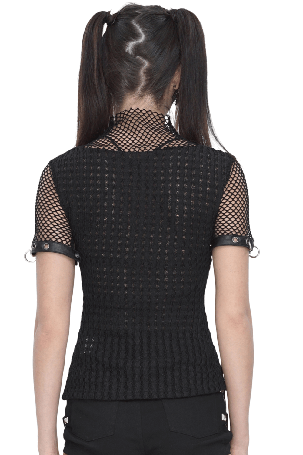 Punk Women's Zip-Up Mesh T-shirt with O-rings on Sleeves