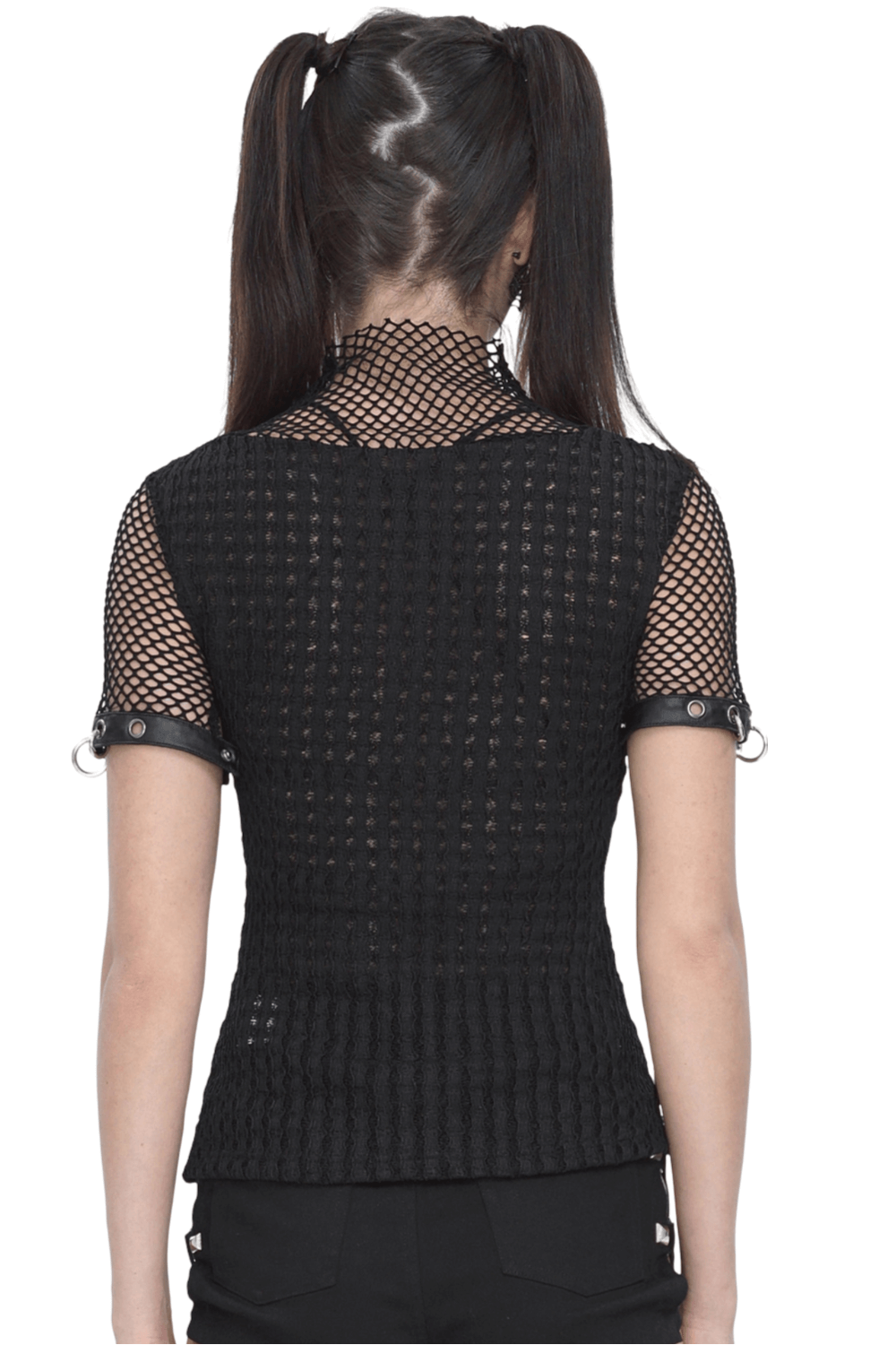 Back view of a punk women's black mesh t-shirt with o-rings on sleeves and a sleek fit.