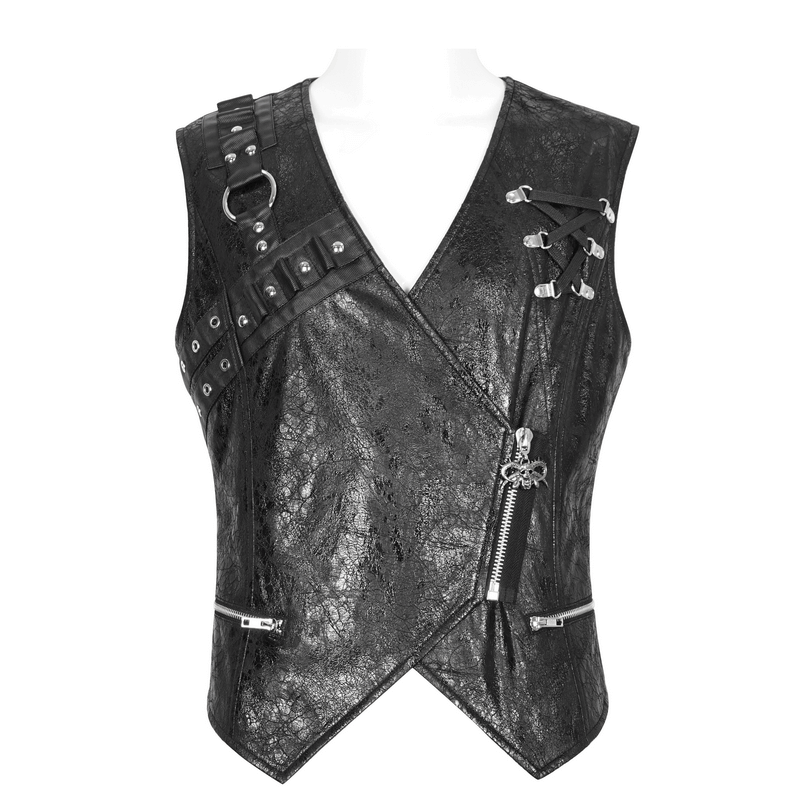 Punk zipper asymmetric faux leather waistcoat with eyelets, edgy men's fashion statement.