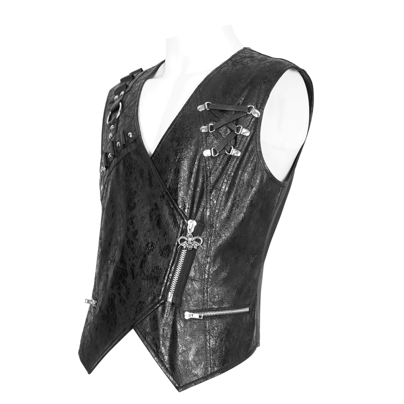 Punk zipper asymmetric faux leather waistcoat with eyelets and edgy detailing for a bold alternative style.