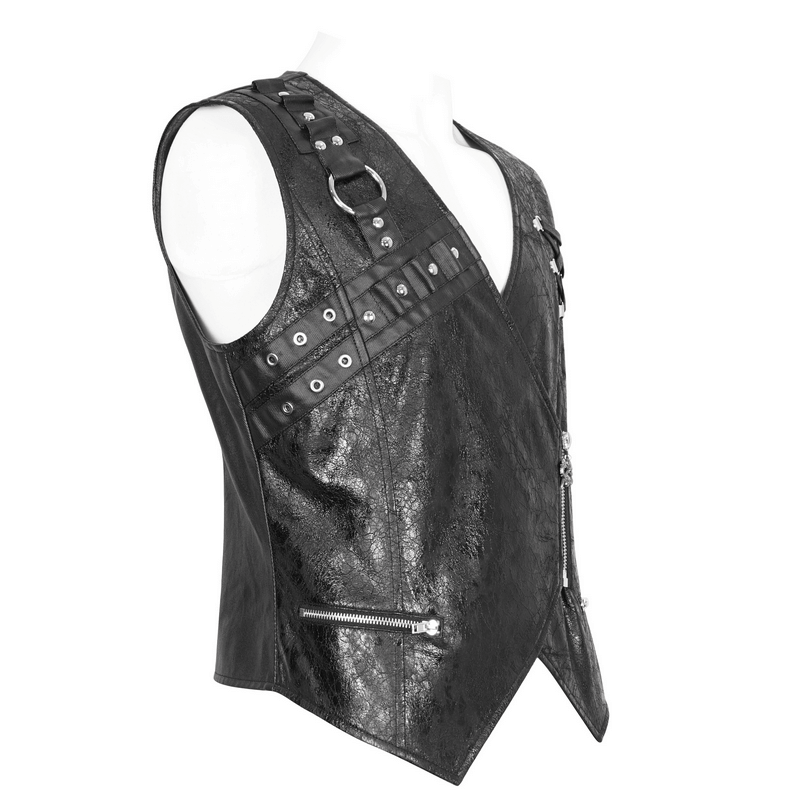 Men's punk asymmetric faux leather waistcoat featuring eyelets and a bold zipper design.