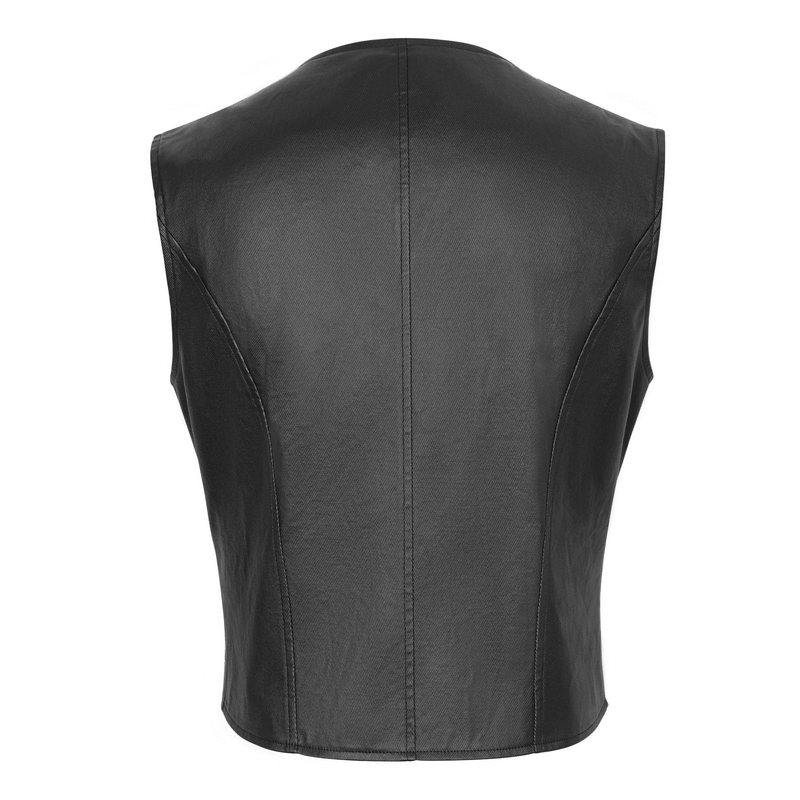 Back view of a men's punk asymmetric faux leather waistcoat with a sleek design and tailored fit.