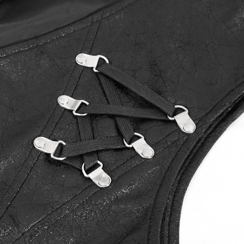Close-up of punk faux leather waistcoat detailing with black laces and silver eyelet hardware.
