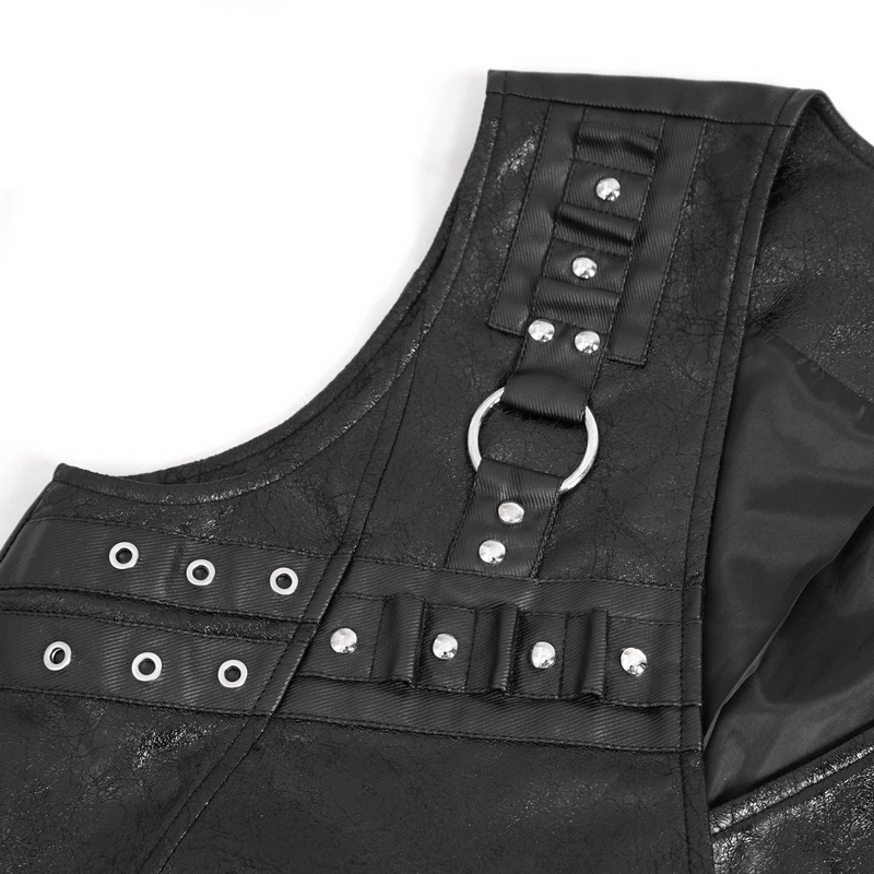Close-up of punk zipper asymmetric faux leather waistcoat featuring eyelets and edgy detailing.