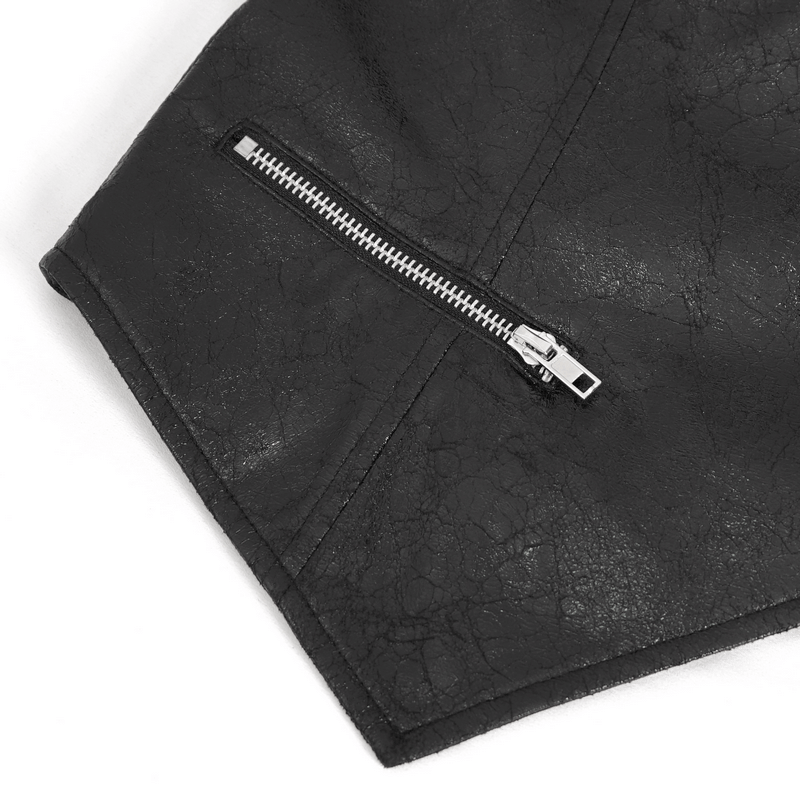 Close-up of the punk zipper detail on a faux leather waistcoat, showcasing its edgy asymmetric design.