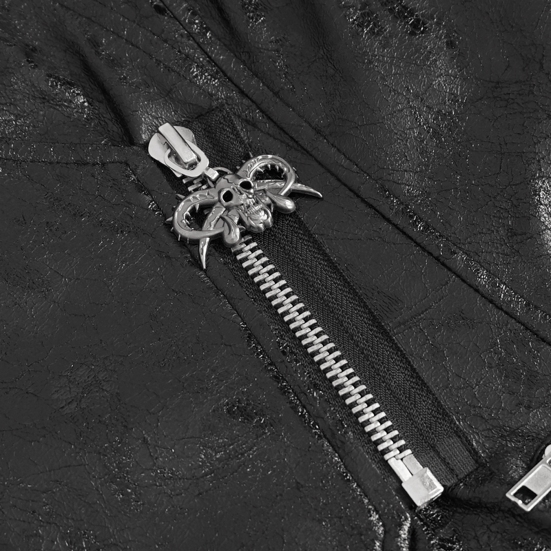 Close-up of punk zipper featuring a skull design on faux leather waistcoat.