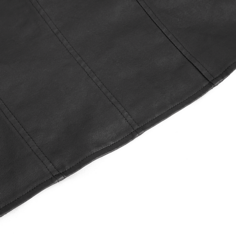 Close-up of the sleek black fabric of the punk zipper asymmetric faux leather waistcoat, showcasing its edgy design.