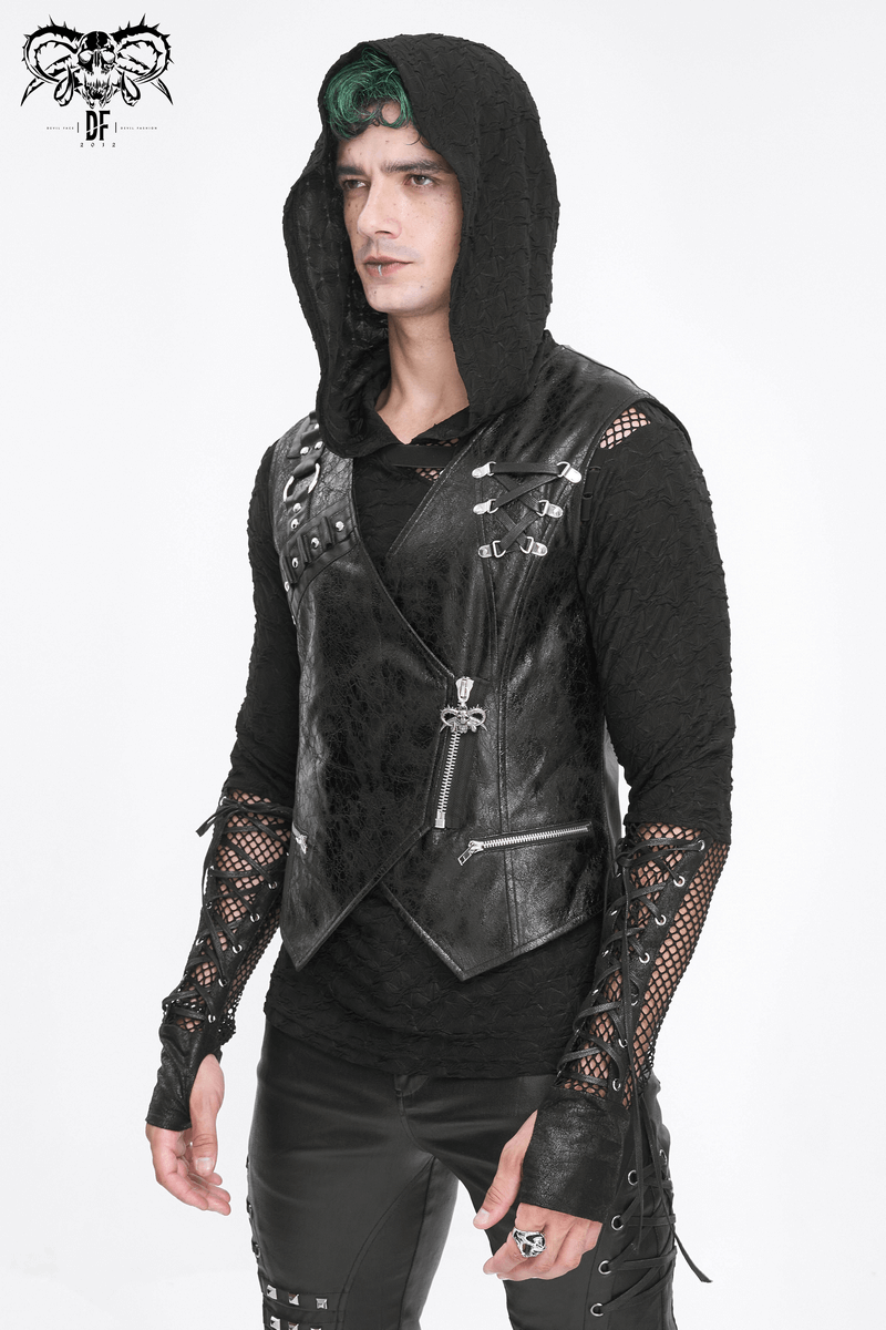 Men's punk asymmetric faux leather waistcoat with zipper and eyelets, styled with a hooded top and edgy accessories.