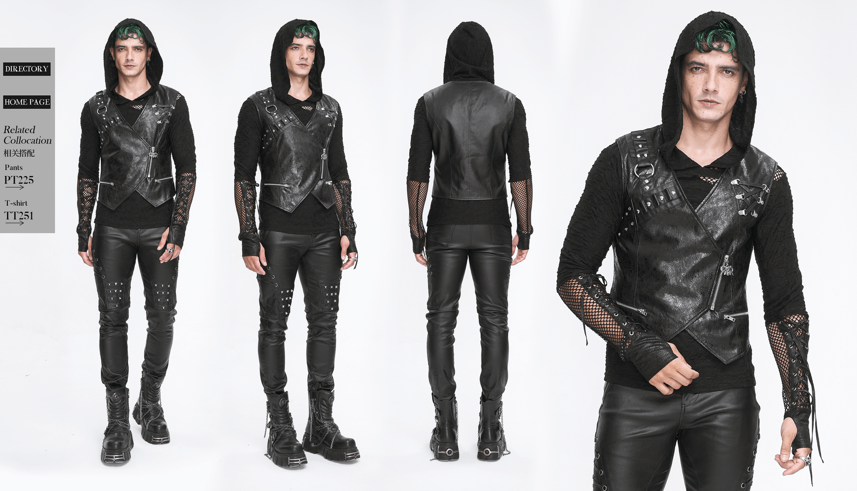 Men's punk zipper asymmetric faux leather waistcoat with eyelets and hood, styled with edgy pants and boots.