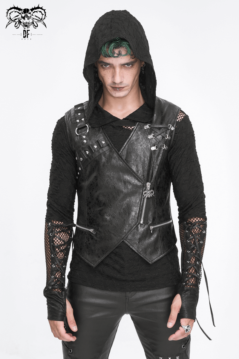Men's punk style asymmetric faux leather waistcoat with eyelets and unique zipper design.