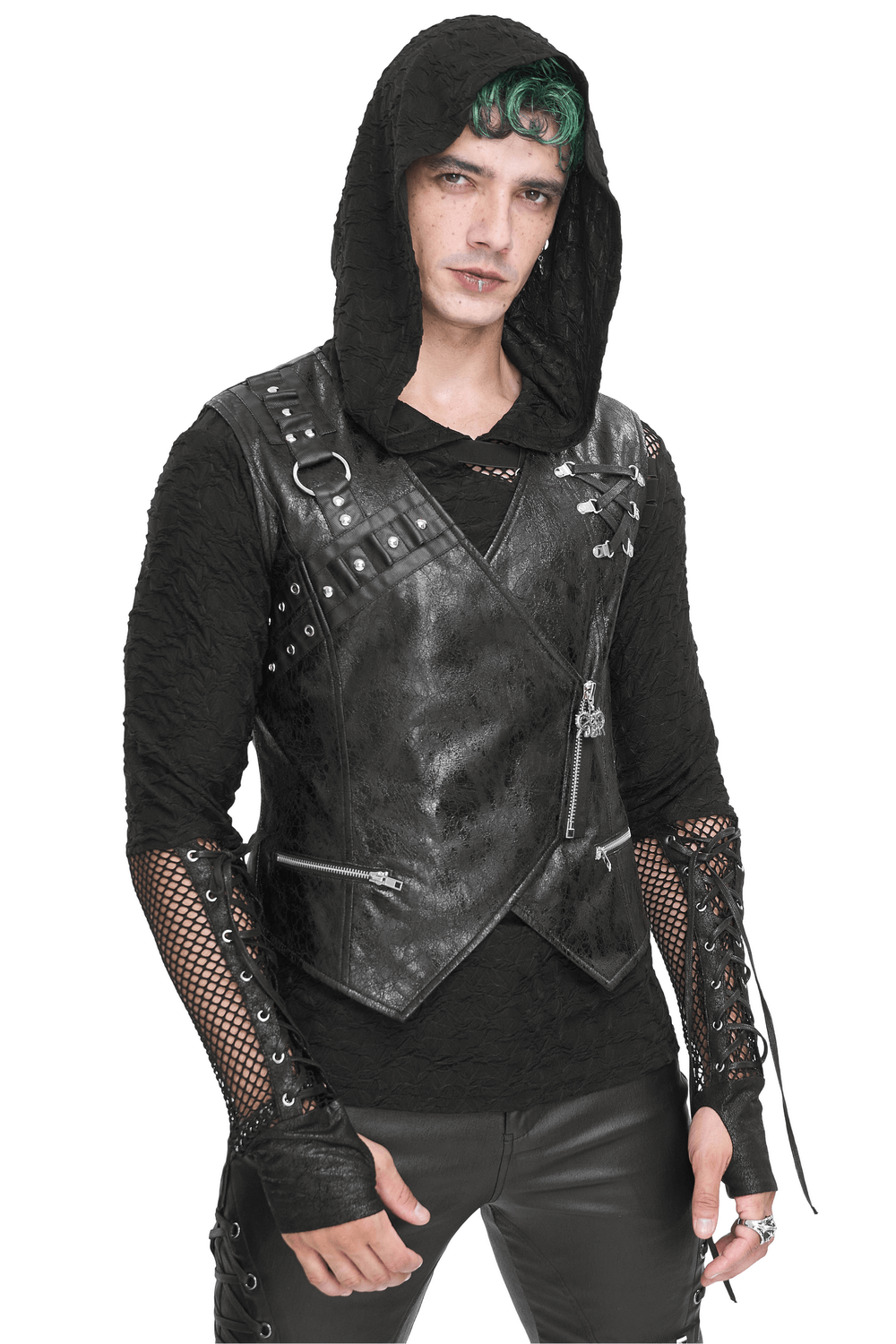 Men's punk zipper asymmetric faux leather waistcoat with eyelets and edgy details, perfect for alternative fashion.