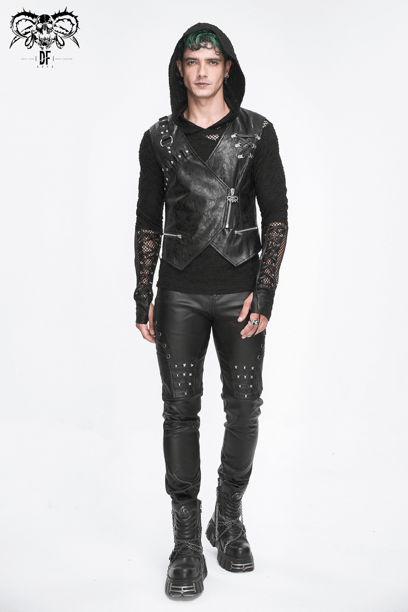 Punk zipper asymmetric faux leather waistcoat with eyelets, styled for an edgy, alternative look.