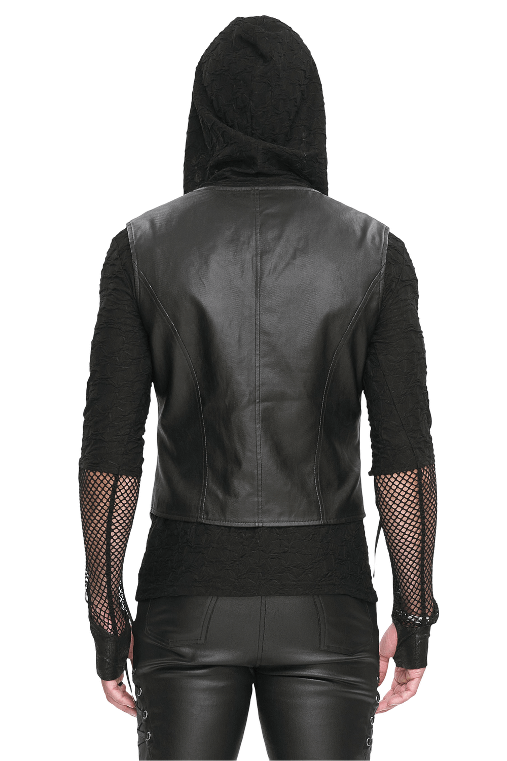 Back view of men's punk zipper asymmetric faux leather waistcoat with hoodie and fishnet sleeves.