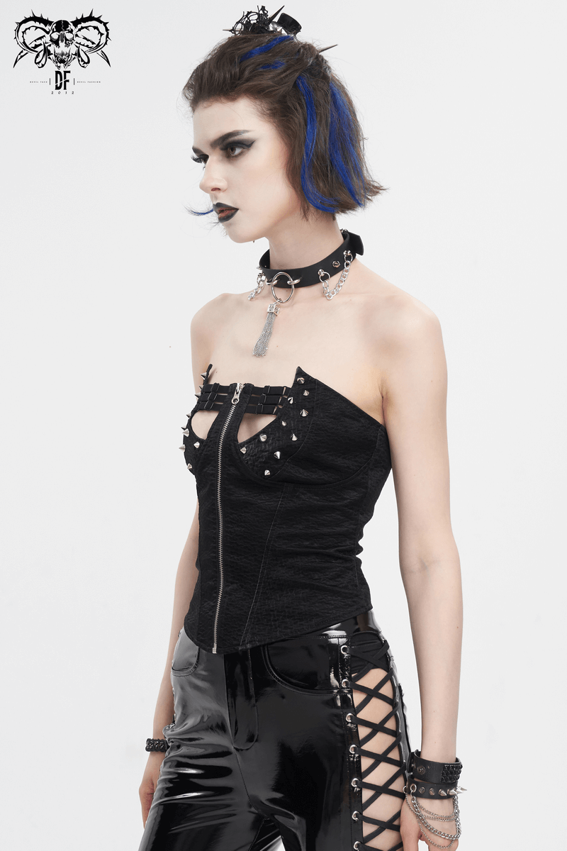 Edgy punk overbust corset with zipper and rivets, styled with lace-up back for a fierce look.