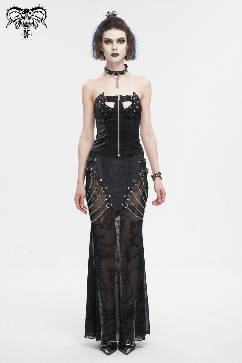 Edgy punk women’s corset dress with zipper front and rivets, showcasing a lace-up back and sheer skirt.