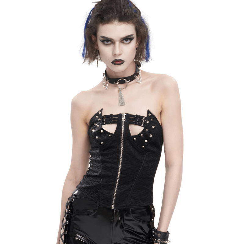 Punk Zipper Front Overbust Corset / Women's Rivets Top With Lace Up Back - HARD'N'HEAVY