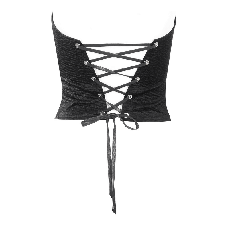 Back view of a sleek women's punk corset top with lace-up design and rivet details, perfect for edgy fashion.