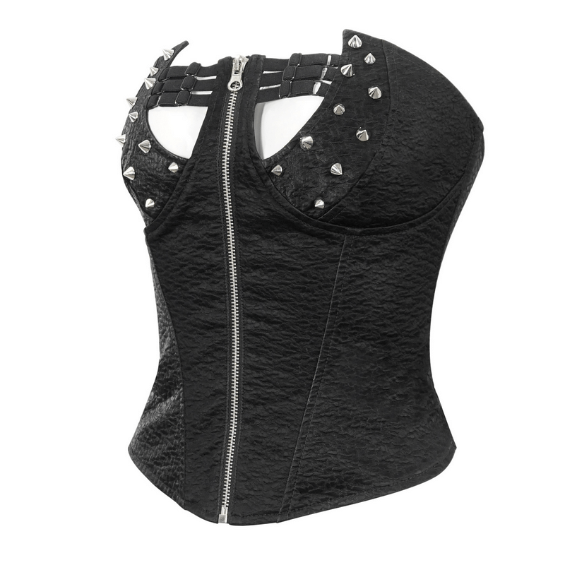 Punk Zipper Front Overbust Corset / Women's Rivets Top With Lace Up Back - HARD'N'HEAVY
