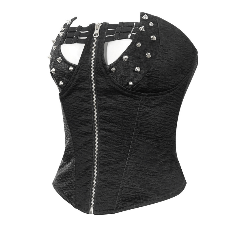Women's punk overbust corset with zipper, rivets, and lace-up back, exuding edgy fashion style.