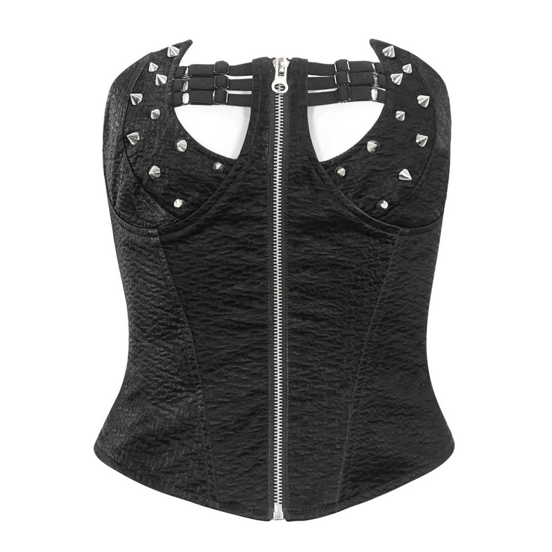 Black punk corset top with front zipper and studded straps, perfect for edgy high fashion.