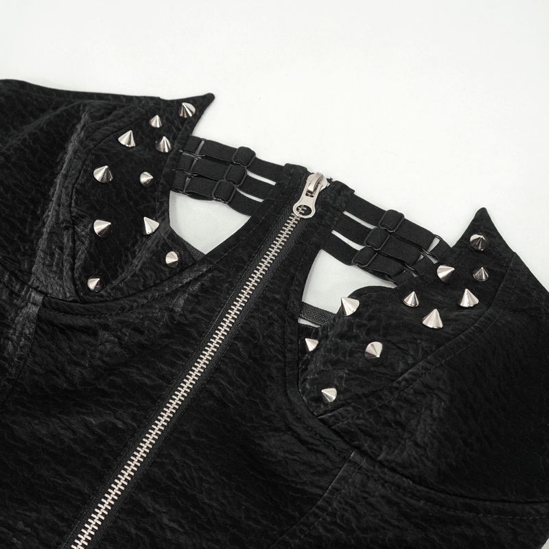 Black punk corset top with silver rivets and zipper front, showcasing edgy style and lace-up back.