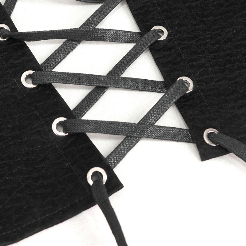 Close-up of lace-up detailing on a punk overbust corset with black straps and metallic grommets.