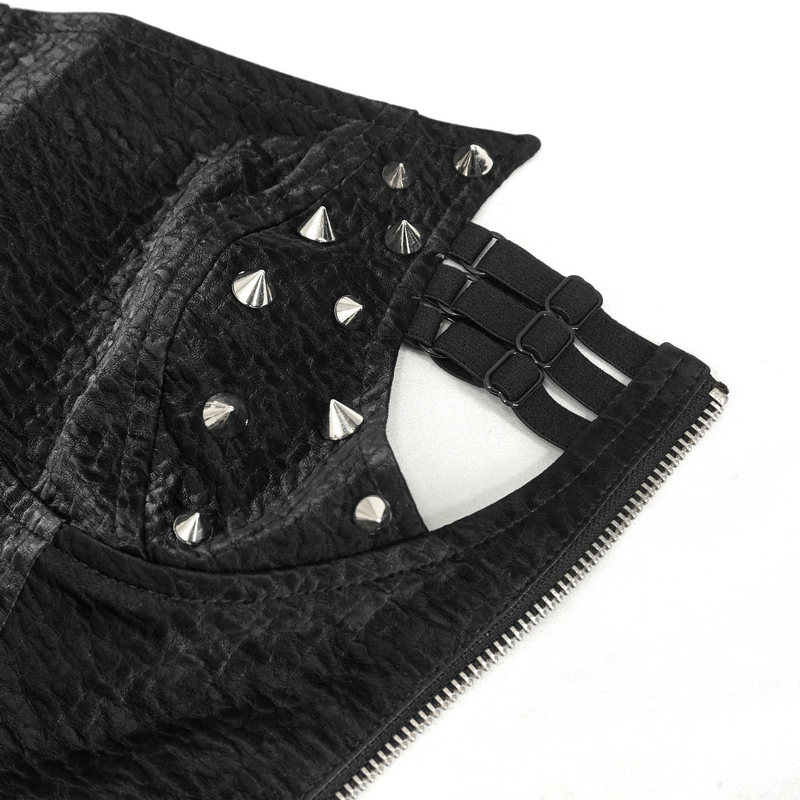 Close-up of black punk corset with rivets and lace-up back detailing, showcasing zipper and edgy design elements.