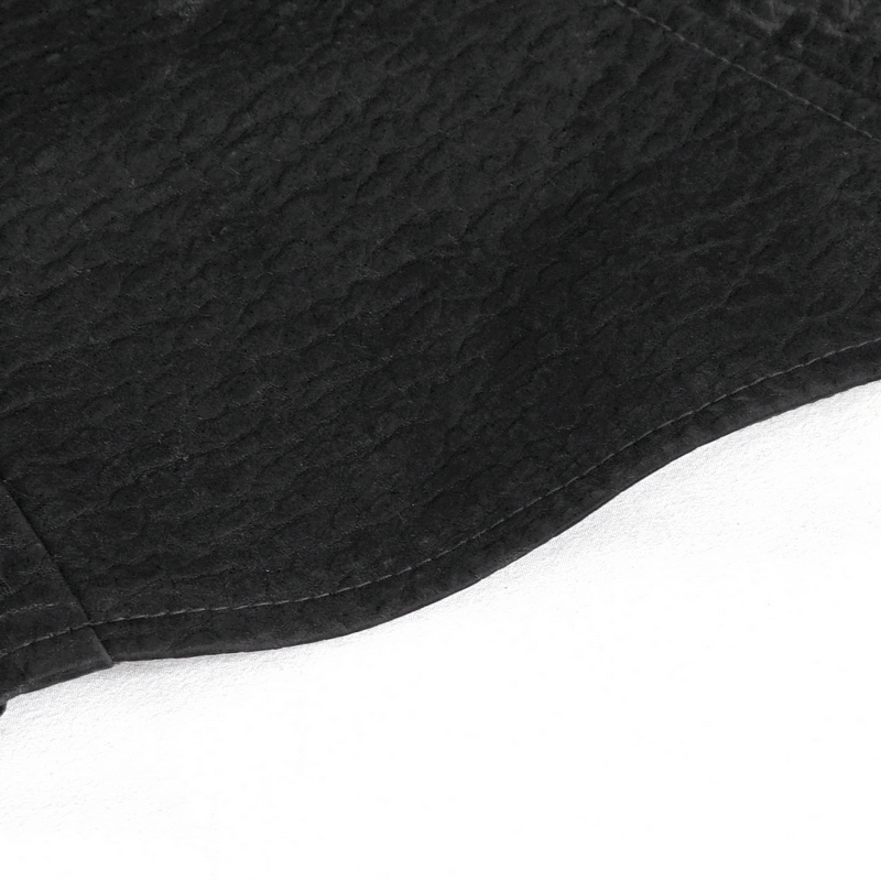 Close-up of the textured fabric of a black punk corset with detailing, showcasing its edgy style.