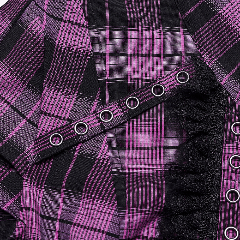Punk Zipper Studded Plaid Shirt with Lace Details