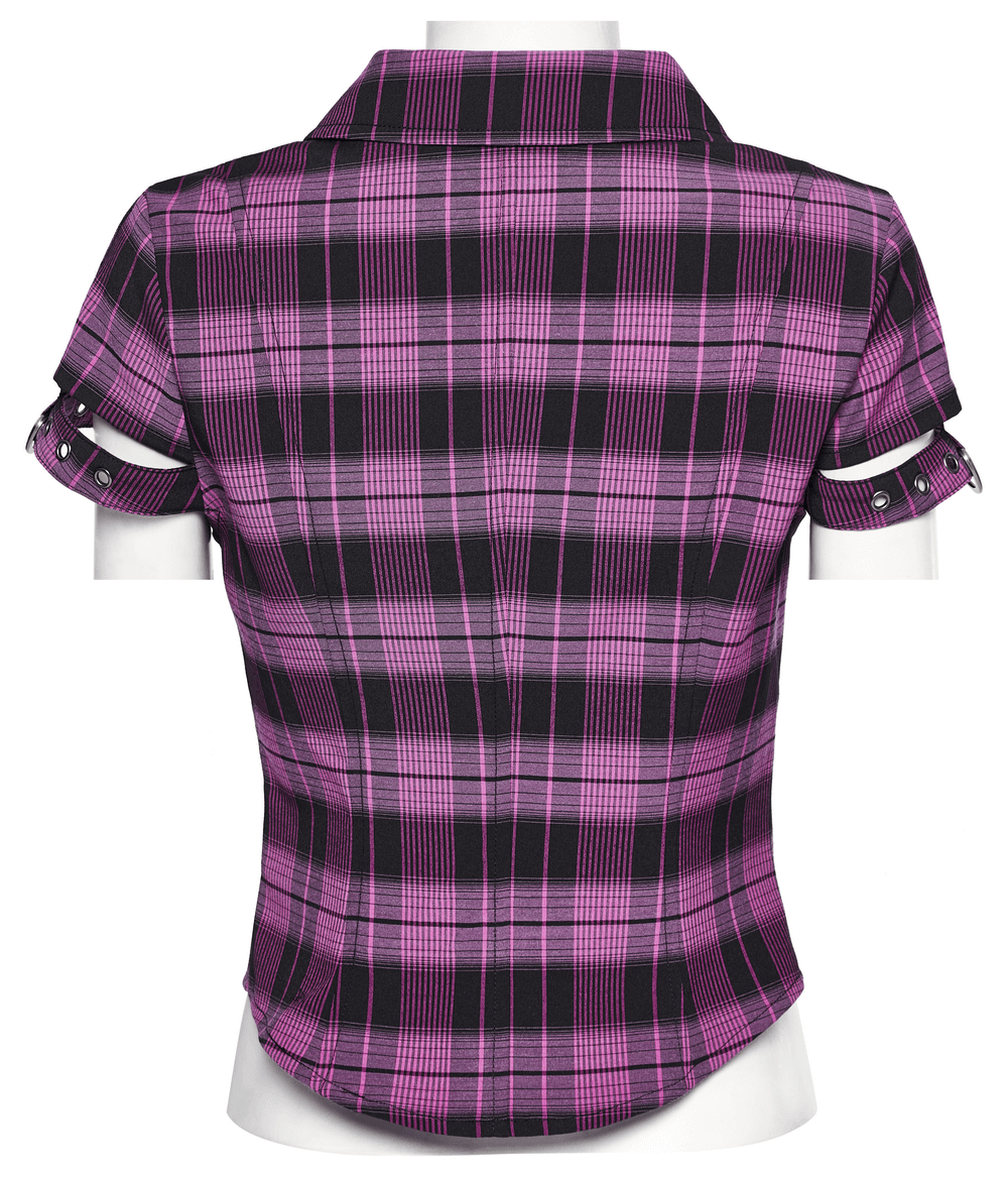 Punk Zipper Studded Plaid Shirt with Lace Details