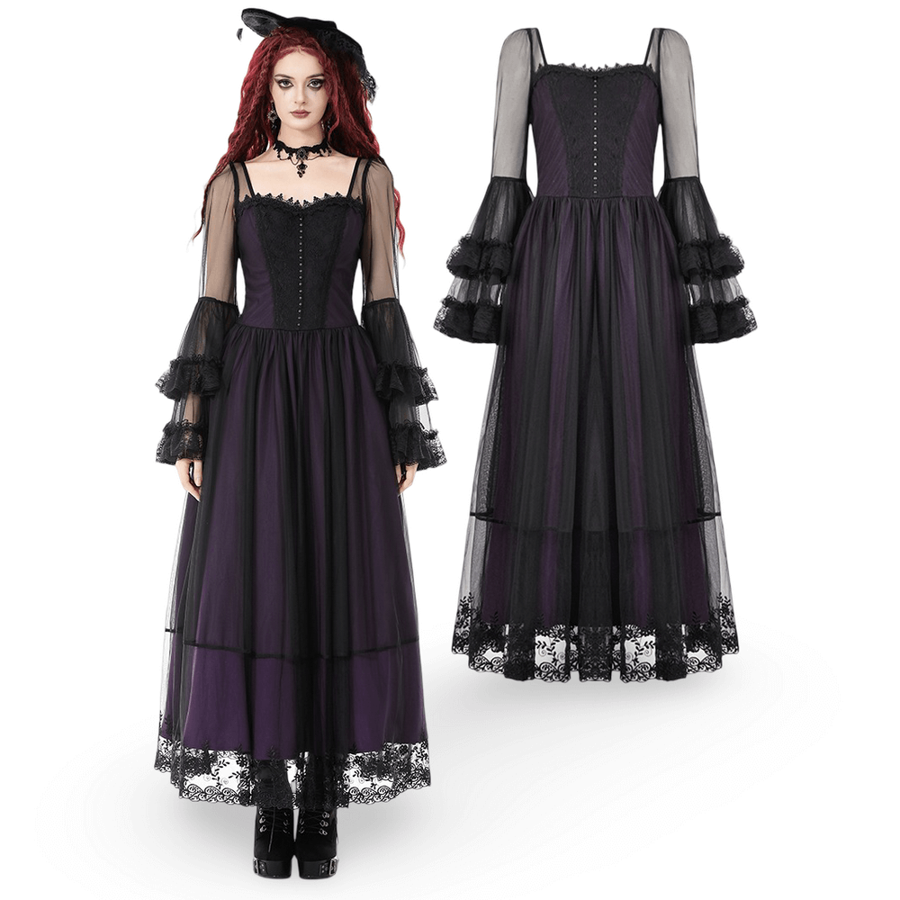 Purple and Black Gothic Mesh Dress with Lace Sleeves showcasing sheer bell sleeves and lace details.