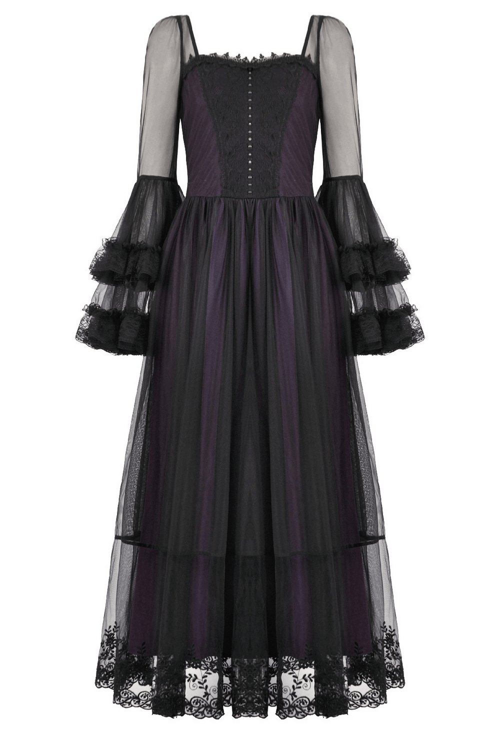 Purple and Black Gothic Mesh Dress with Lace Sleeves featuring sheer bell sleeves and lace detailing.