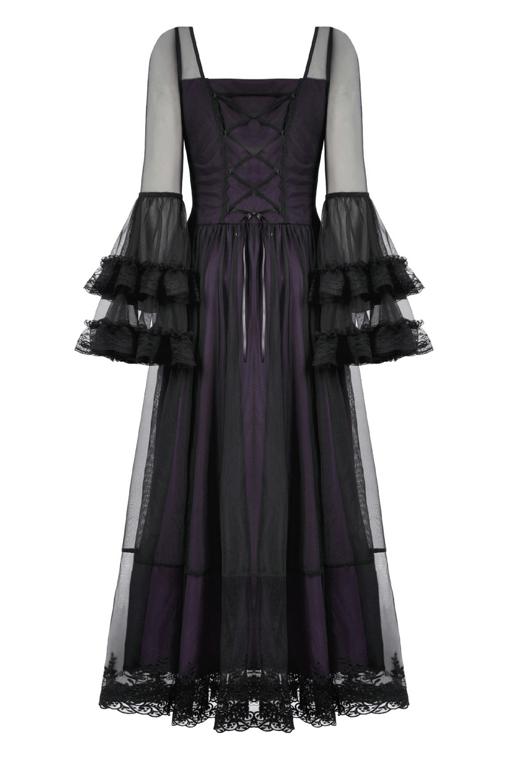 Purple and Black Gothic Mesh Dress with Lace Sleeves featuring sheer bell sleeves and corset-style back.
