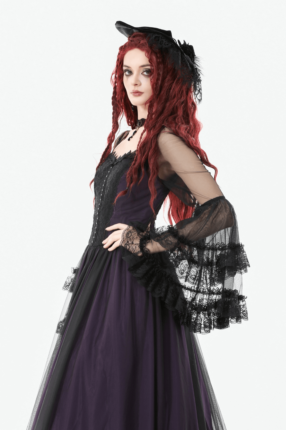 Purple and Black Gothic Mesh Dress with Lace Sleeves worn by a model with red hair and dramatic bell sleeves.