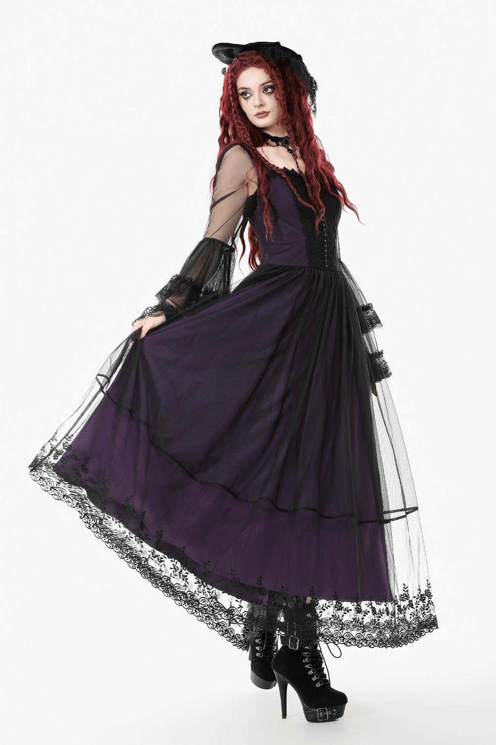 Purple and Black Gothic Mesh Dress with Lace Sleeves in a flowing silhouette and sheer bell sleeves.