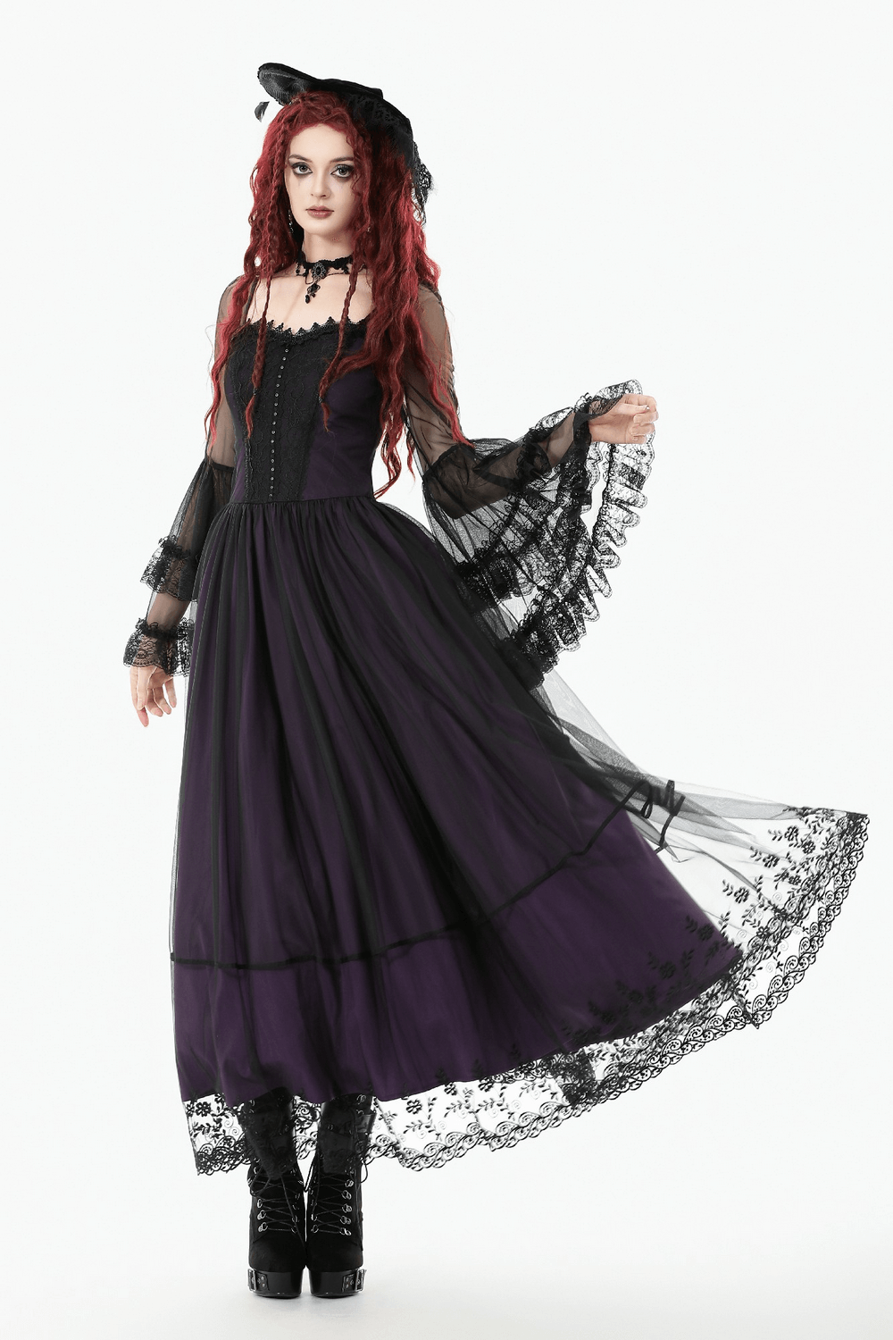 Purple and Black Gothic Mesh Dress with Lace Sleeves on a model showcasing its romantic elegance.