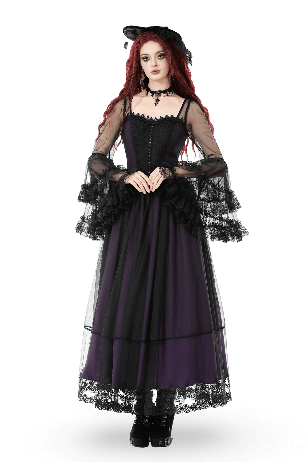 Purple and Black Gothic Mesh Dress with Lace Sleeves modeled by a woman in dramatic bell sleeves and lace hem.