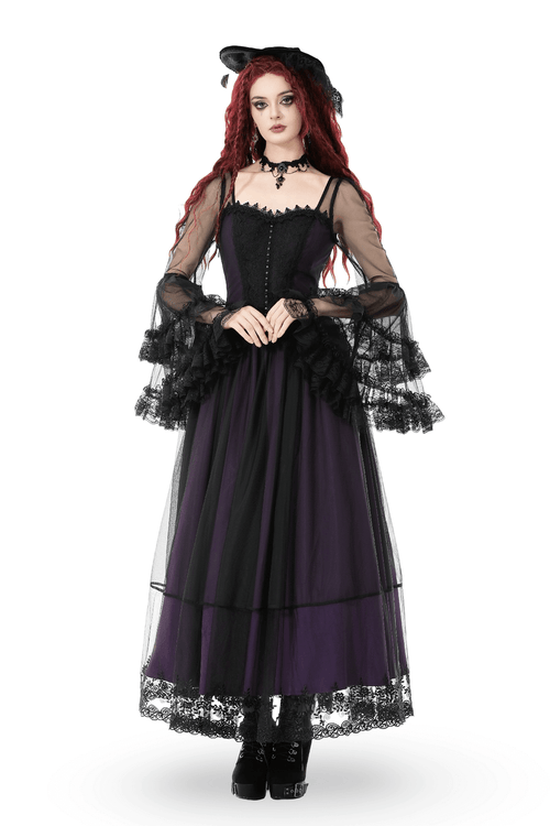 Robe Longue Maxi à Manches Bouffantes en Dentelle Noire Gothique