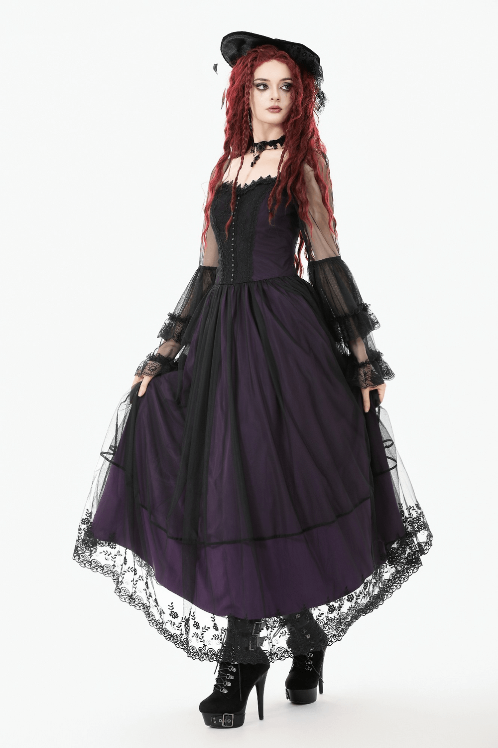 Purple and Black Gothic Mesh Dress with Lace Sleeves worn by a model showcasing romantic gothic style.