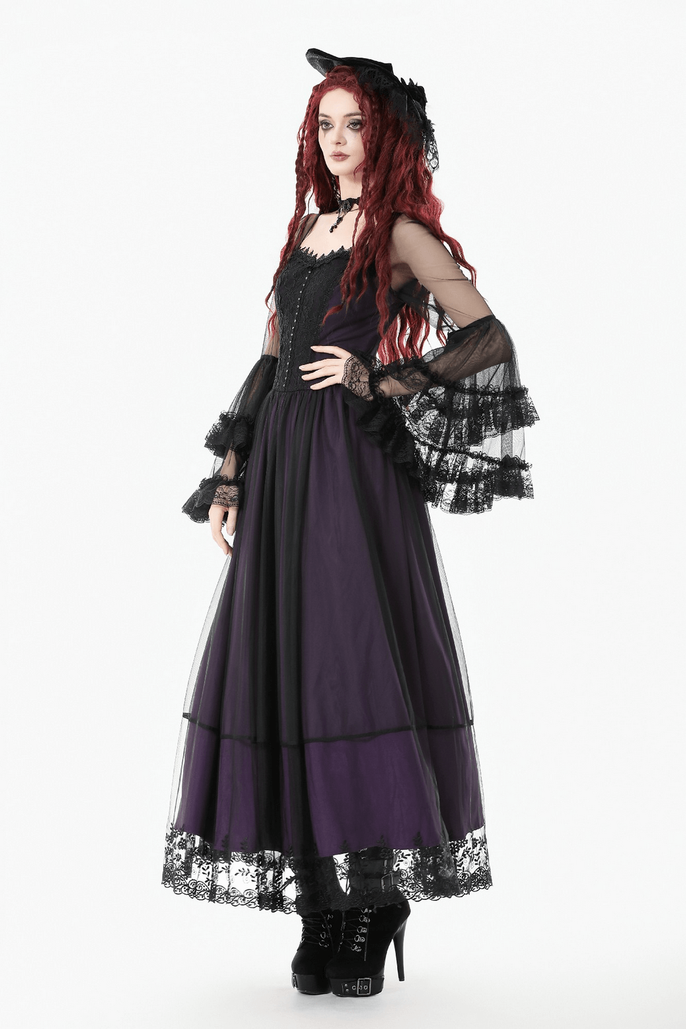 Purple and Black Gothic Mesh Dress with Lace Sleeves worn by a model showcasing the dramatic bell sleeves and elegant design.