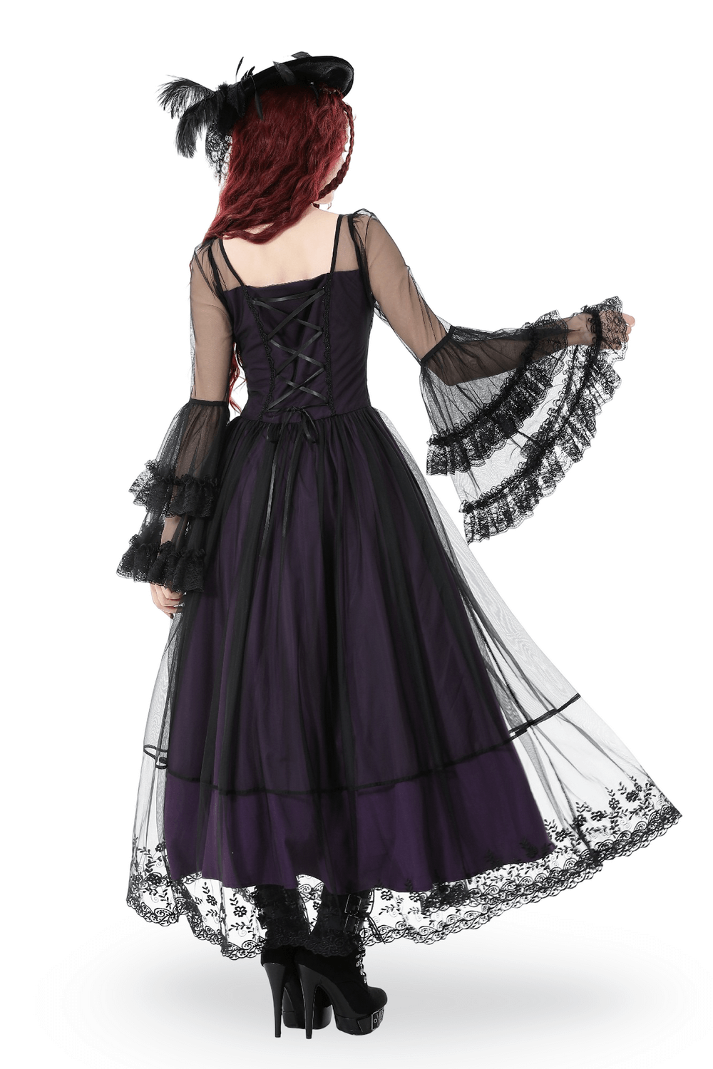 Purple and Black Gothic Mesh Dress with Lace Sleeves featuring sheer bell sleeves and lace details.