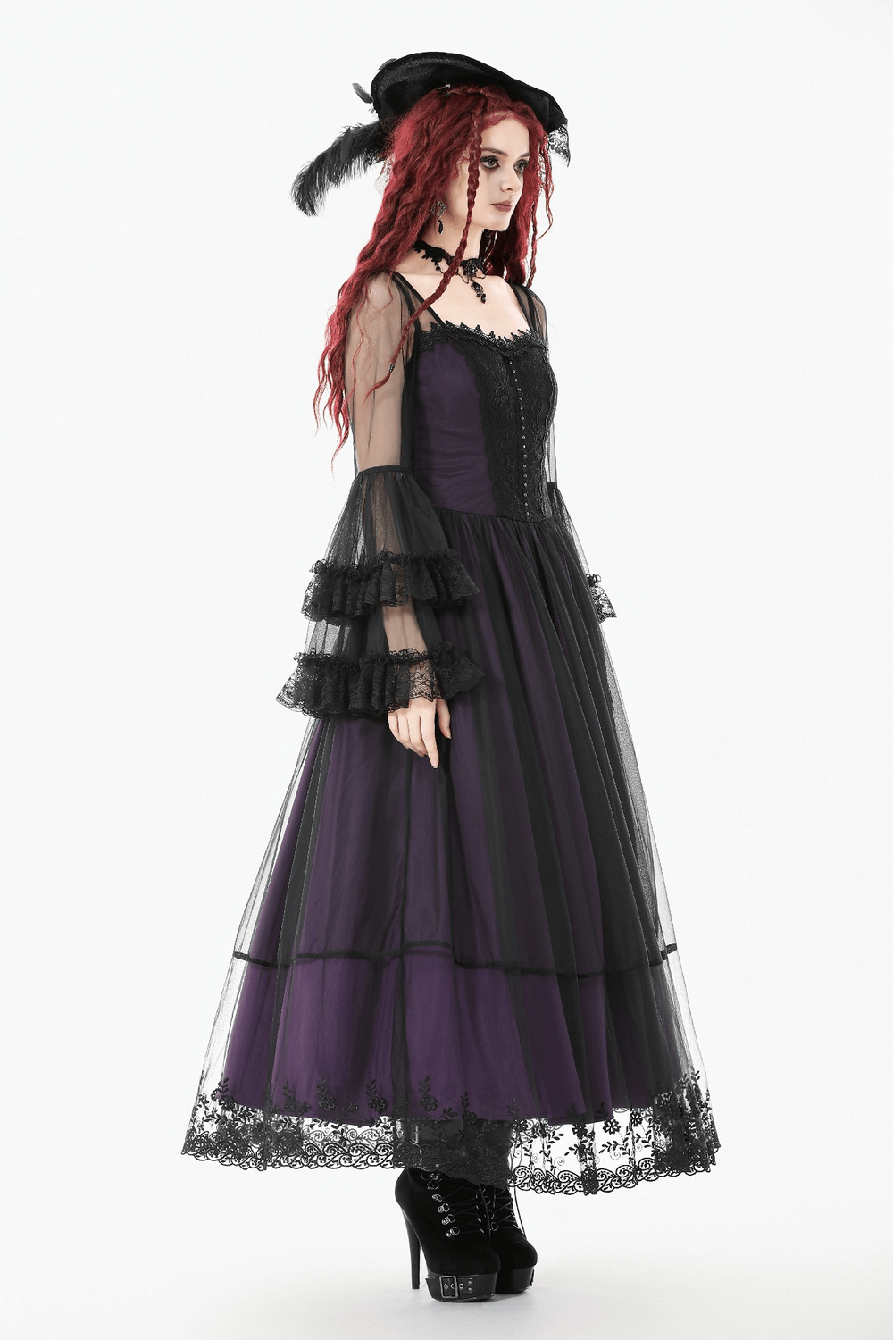 Purple and Black Gothic Mesh Dress with Lace Sleeves worn by a model with dramatic bell sleeves and lace detail.