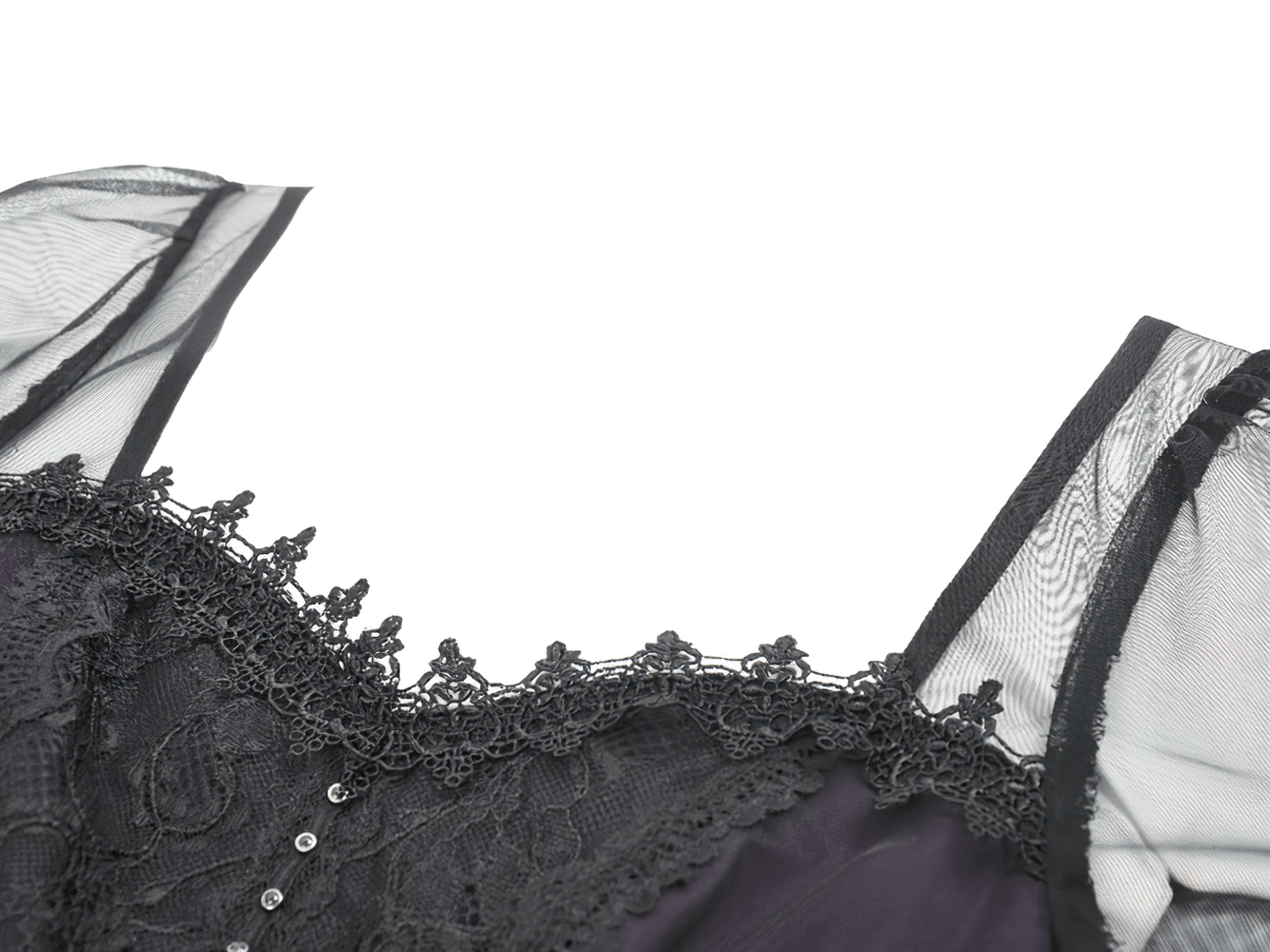 Purple and Black Gothic Mesh Dress with Lace Sleeves close-up of lace detailing and sheer mesh