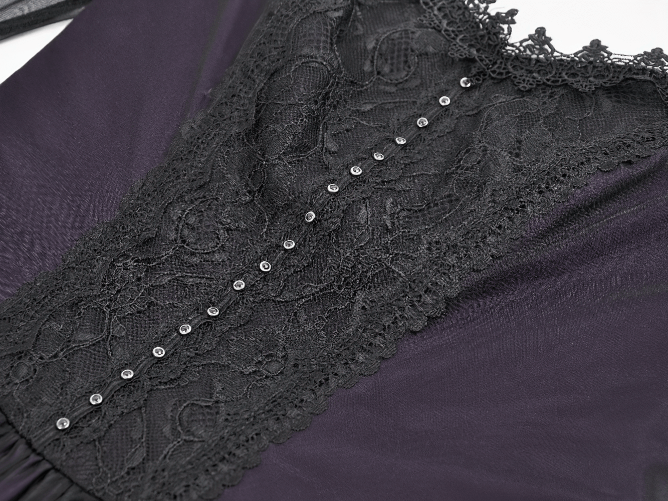 Detail of Purple and Black Gothic Mesh Dress with Lace Sleeves showing lace bodice and black mesh overlay.