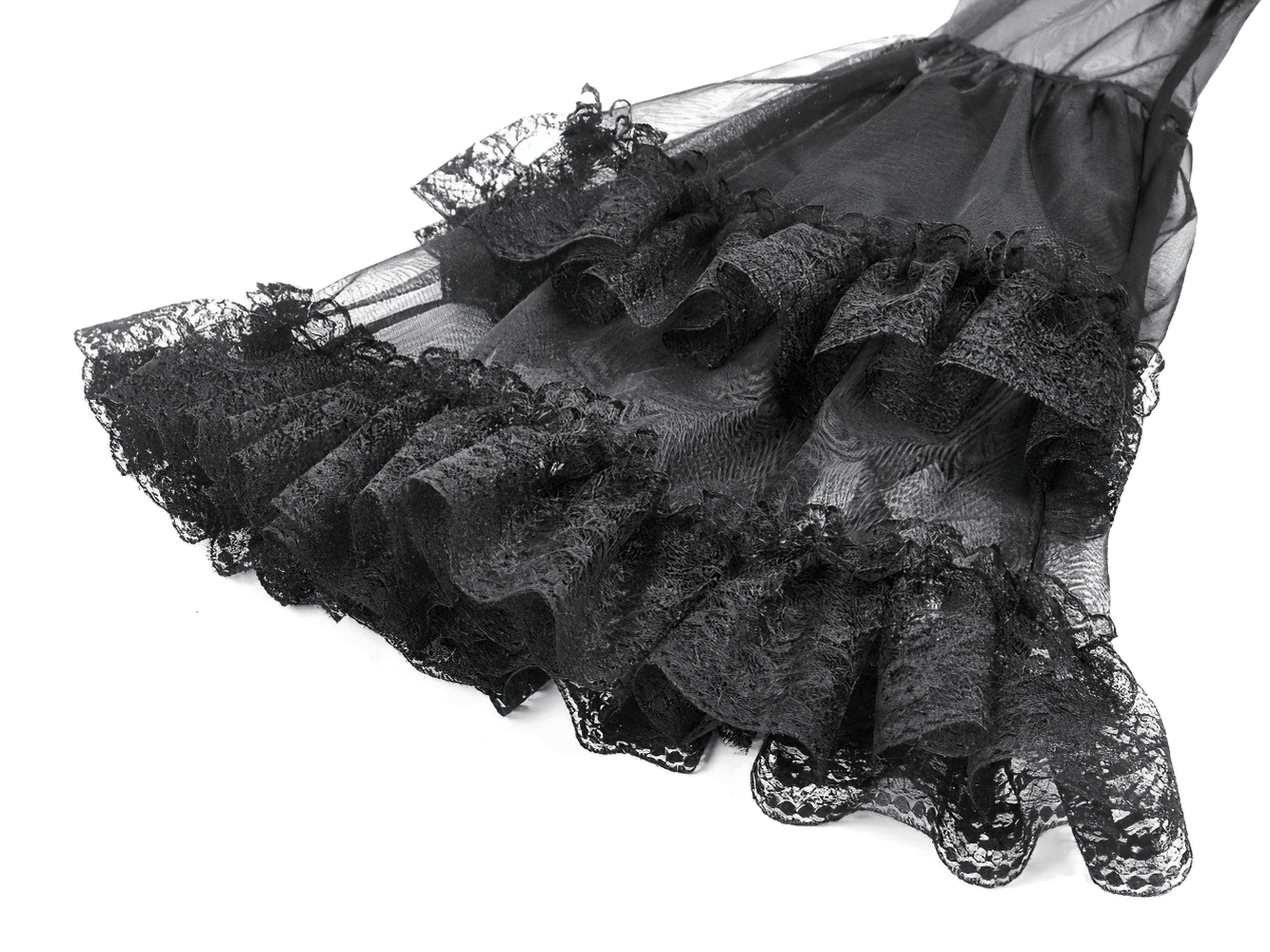 Close-up of the lace hem and ruffled detail of the Purple and Black Gothic Mesh Dress with Lace Sleeves.